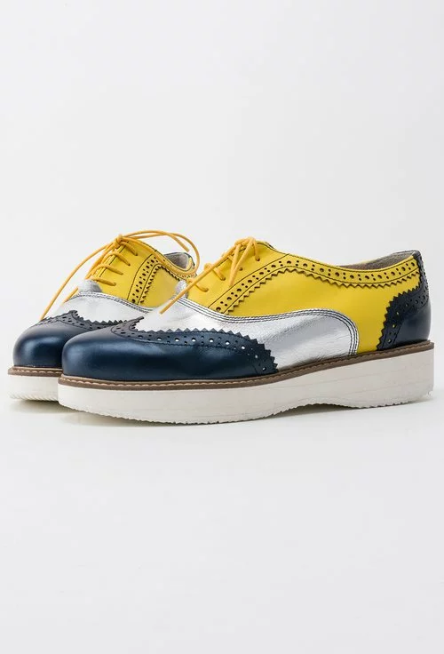 Pantofi Oxford galben cu argintiu si albastru metalizat din piele naturala Linda