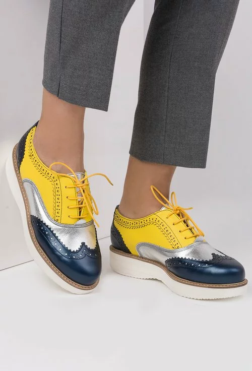 Pantofi Oxford galben cu argintiu si albastru metalizat din piele naturala Linda
