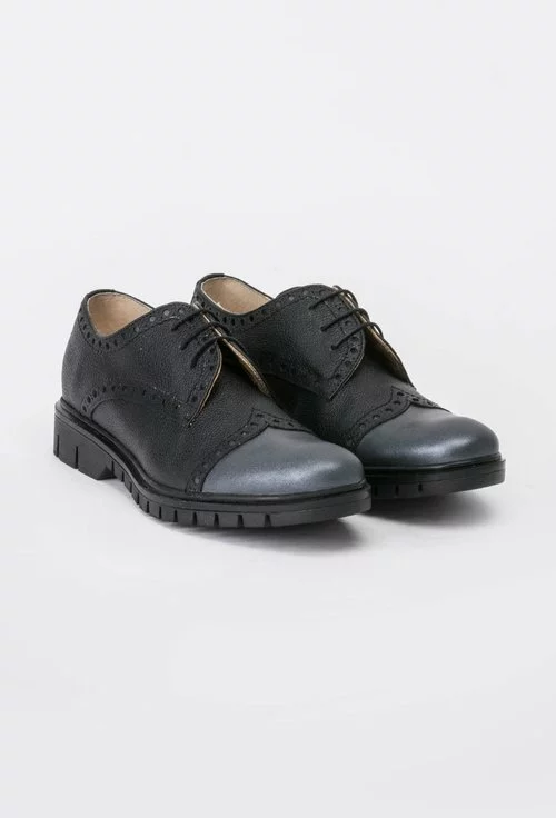 Pantofi Oxford negri cu navy sidefat din piele naturala Teona