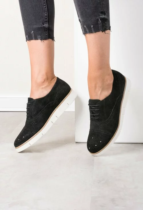 Pantofi Oxford negri din piele naturala intoarsa cu reflexii sidefate Mona