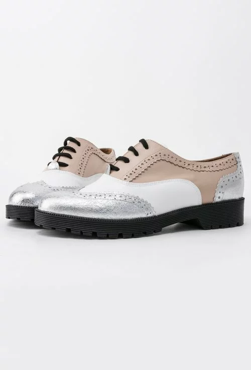 Pantofi Oxford nude cu alb si argintiu din piele naturala Charlie