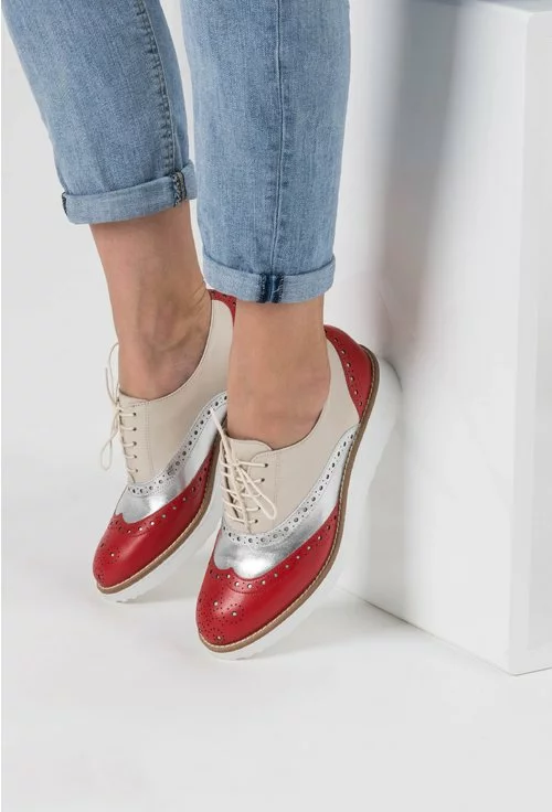 Pantofi Oxford rosii cu argintiu si crem din piele naturala Regine