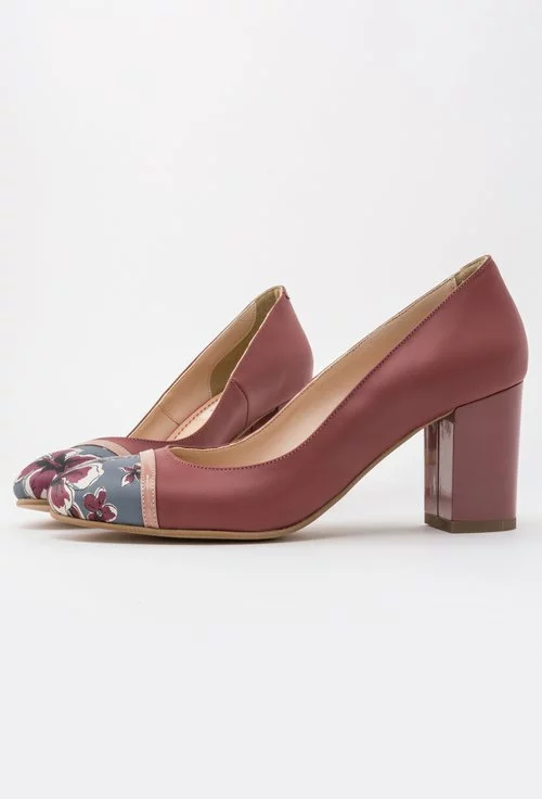 Pantofi rose cu gri din piele naturala si imprimeu floral Heidi