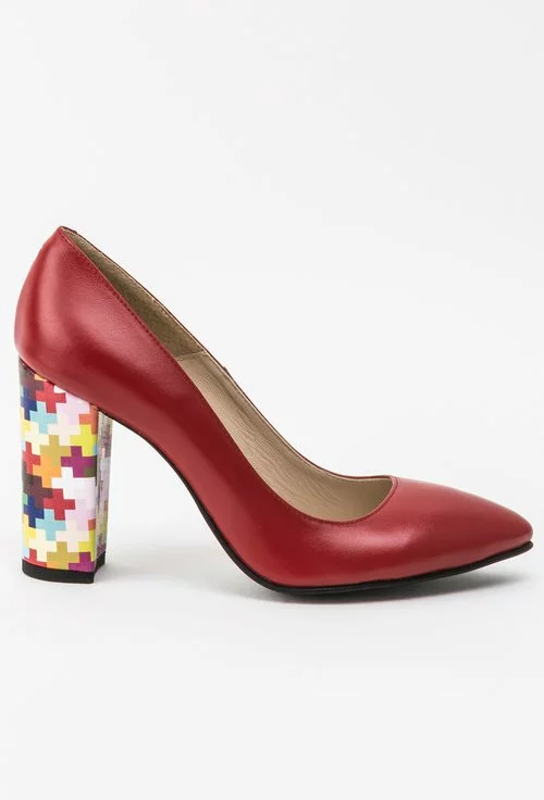 Pantofi rosii din piele naturala cu toc colorat | Dasha.ro