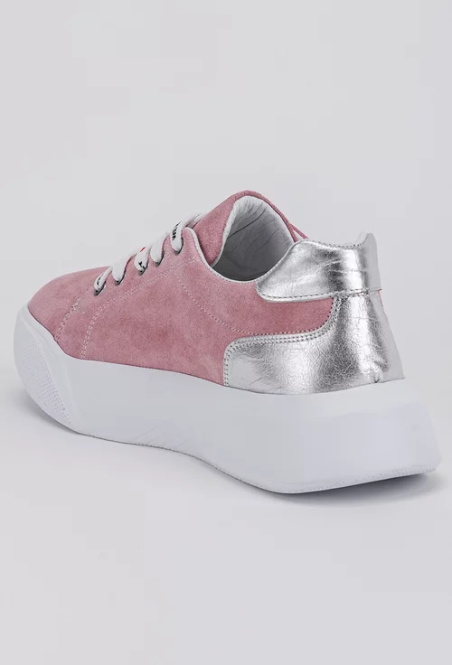 Pantofi roz cu argintiu din piele intoarsa