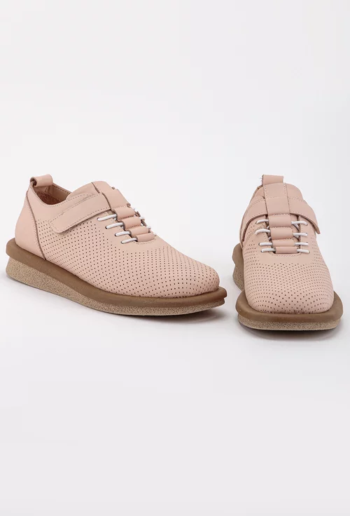 Pantofi roz din piele cu siret elastic si bareta cu velcro