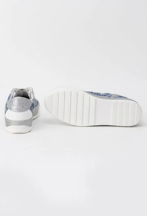 Pantofi sport alb cu denim si glitter argintiu Tiana