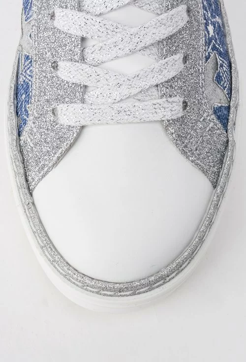 Pantofi sport alb cu denim si glitter argintiu Tiana