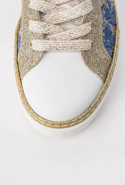 Pantofi sport alb cu denim si glitter auriu Tiana