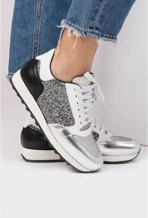 Pantofi sport argintiu cu negru si alb Jolie