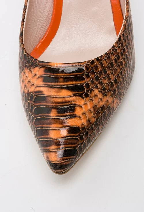 Pantofi Stiletto portocalii cu negru din piele naturala Snakey