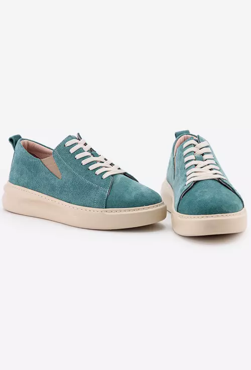 Pantofi turcoaz din piele intoarsa cu elastic in laterale