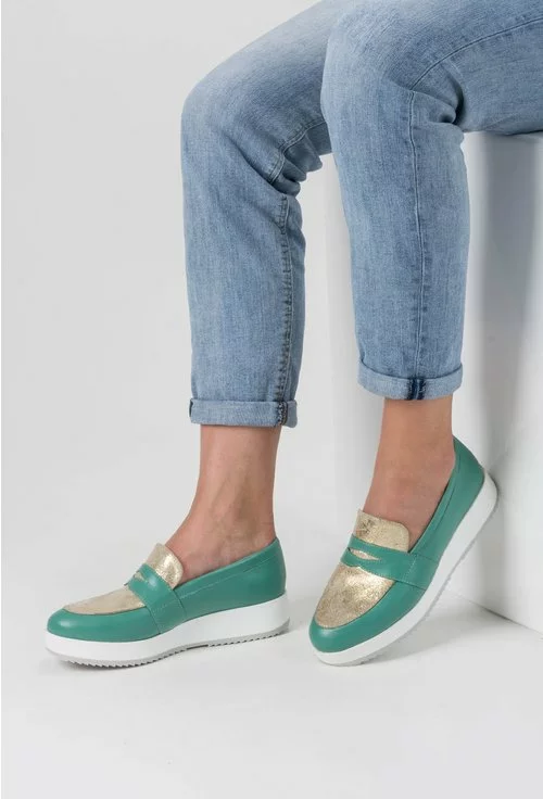 Pantofi verzi cu auriu metalizat din piele naturala Bloom