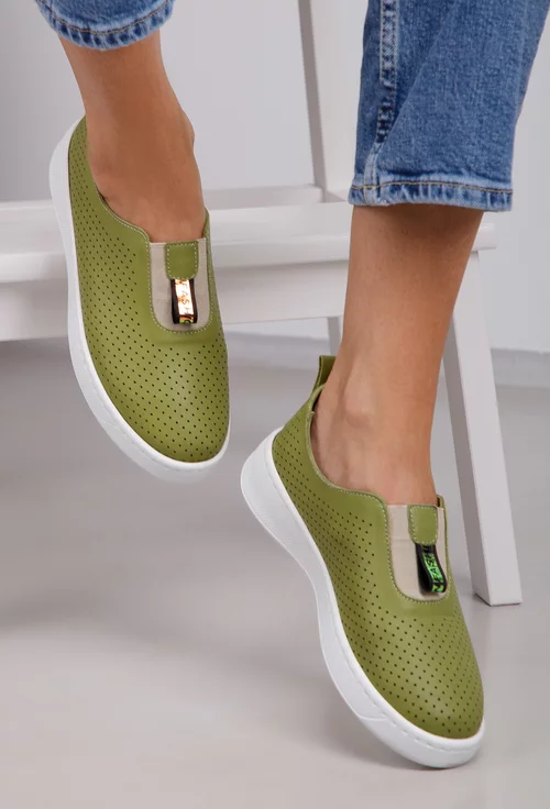 Pantofi verzi din piele perforata cu elastic