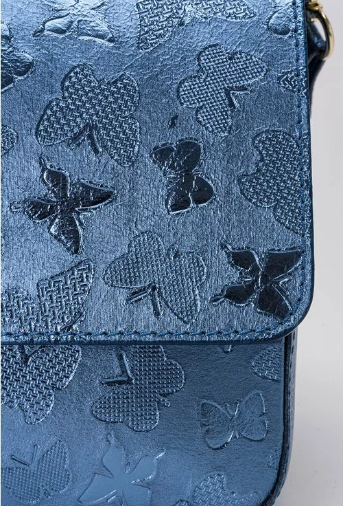 Poseta albastru metalizat din piele naturala cu imprimeu cu fluturi Romina
