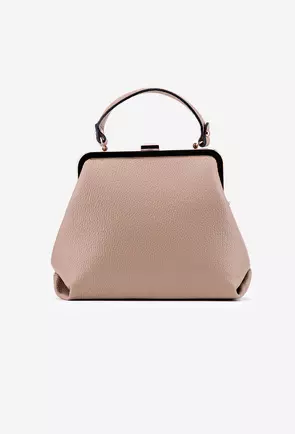 Poseta taupe din piele texturata cu detalii metalice aurii