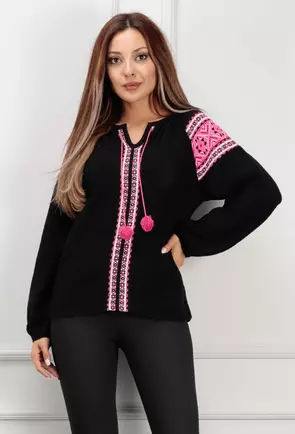 Pulover negru cu motive traditionale roz