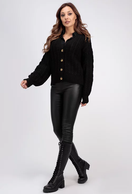 Pulover negru model crosetat cu nasturi