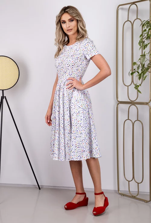 Rochie alba cu buline multicolore stilizate