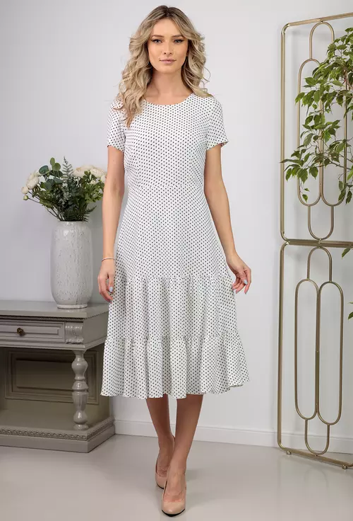 Rochie alba cu buline si volane late