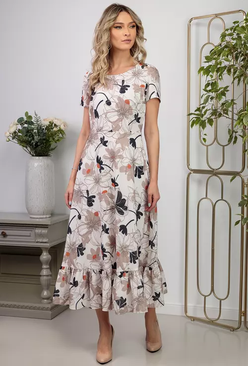 Rochie alba cu detalii florale bej si buzunare