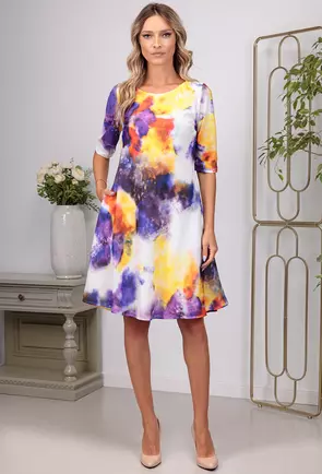 Rochie alba cu imprimeu colorat si buzunare