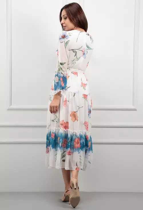Rochie alba din voal cu imprimeu floral