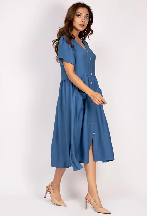 Rochie albastra cu buzunare aplicate si nasturi