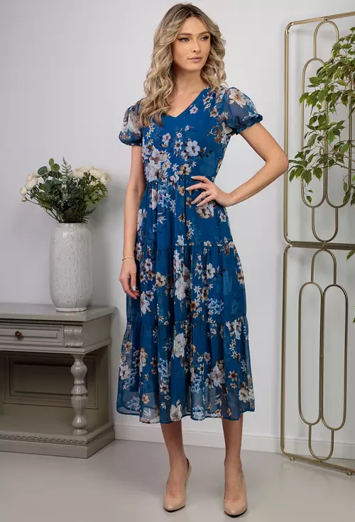 Rochie albastra din voal cu detalii florale