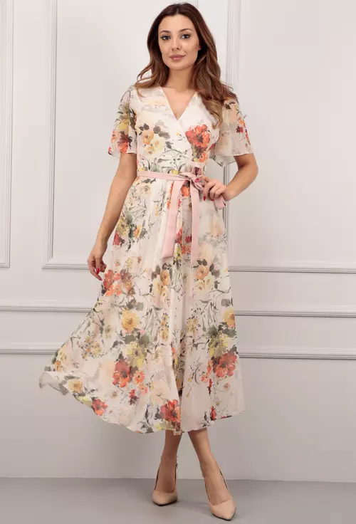 Rochie bej cu imprimeu floral