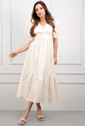 Rochie bej deschis cu umeri bufanti