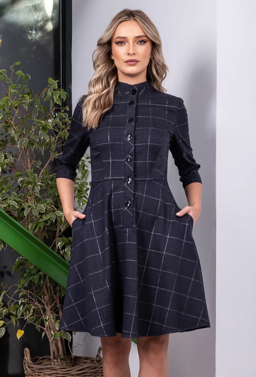 Rochie bleumarin cu negru in carouri cu buzunare