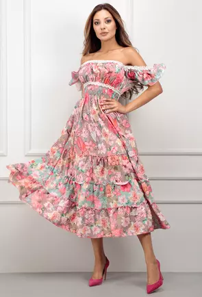 Rochie cu imprimeu floral multicolor si talie elastica