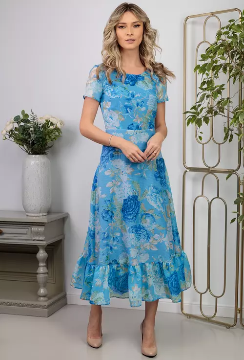 Rochie cu imprimeu floral pe fond bleu