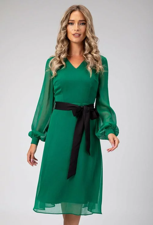Rochie eleganta verde cu cordon in talie Glama