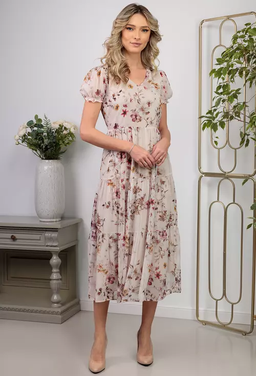 Rochie ivoire din voal cu detalii florale