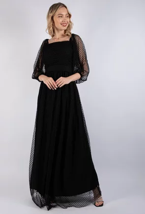 Rochie lunga neagra cu maneci transparente