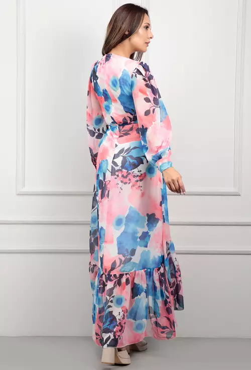 Rochie multicolora asimetrica cu maneca lunga