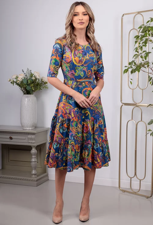 Rochie multicolora cu buzunare si volane late