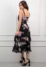 Rochie neagra cu imprimeu floral si volane