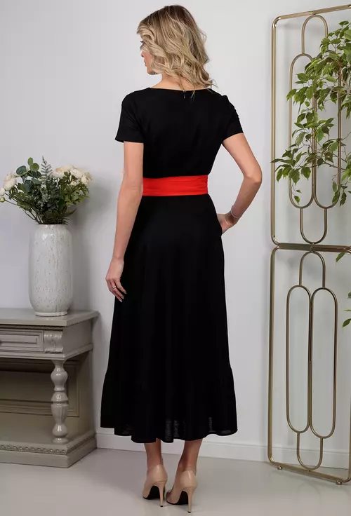 Rochie neagra din in accesorizata cu buzunare