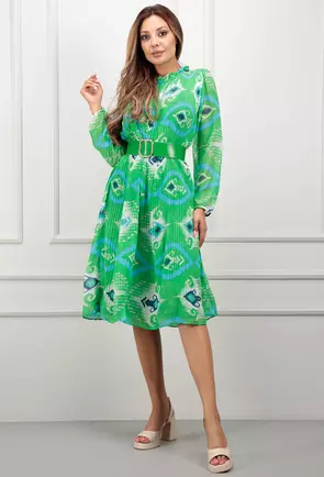 Rochie plisata verde cu imprimeu