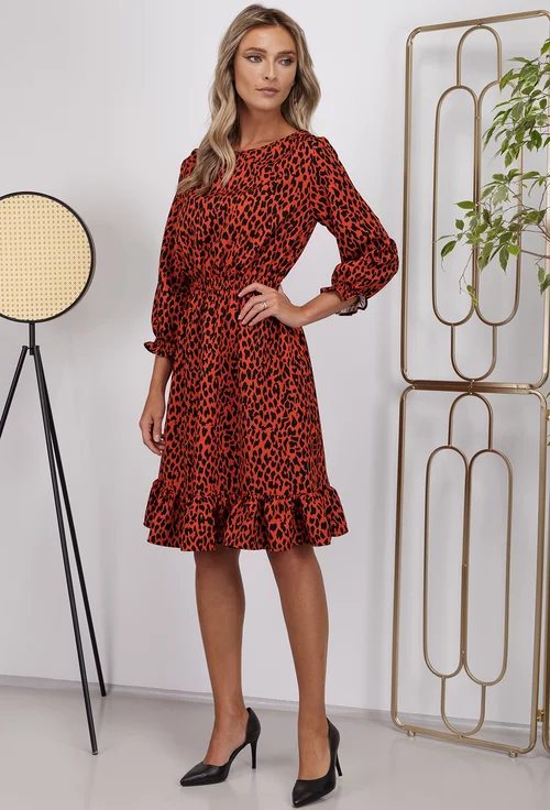 Rochie rosie cu detalii negre si elastic in talie