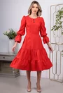 Rochie rosie cu volane si nasturi decorativi