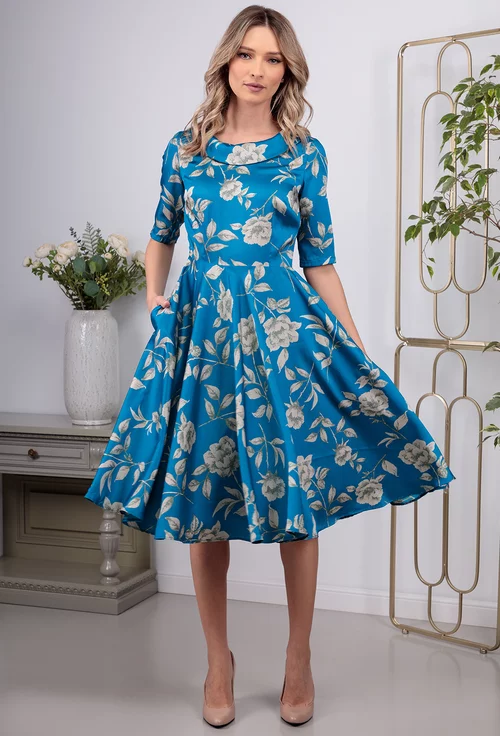 Rochie satinata albastra cu imprimeu
