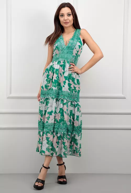 Rochie verde cu imprimeu floral si aplicatie dantela