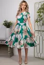 Rochie verde cu imprimeu multicolor si guler aplicat