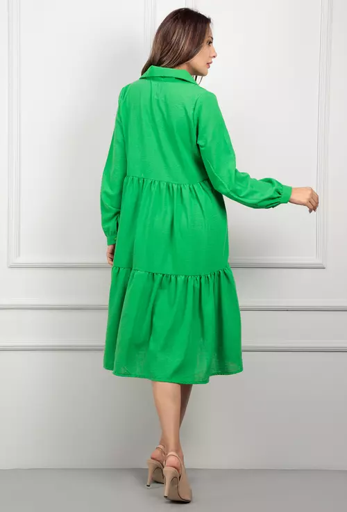 Rochie verde cu volane late si maneci lungi