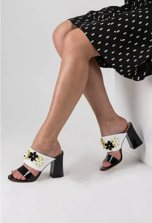 Sandale albe cu negru si model floral din piele naturala Ira