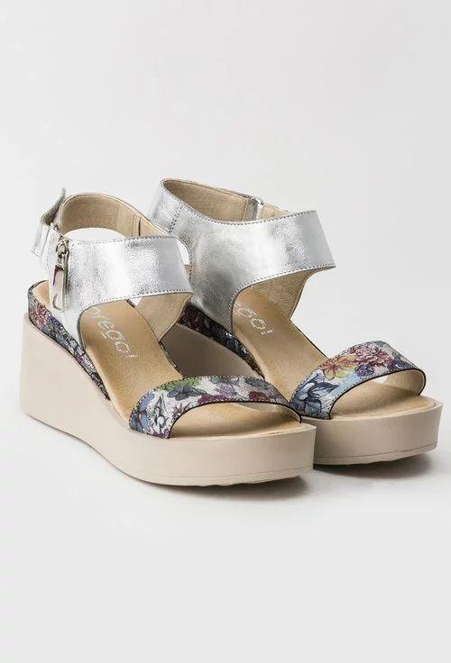 Sandale argintii cu imprimeu floral colorat din piele naturala Clarise